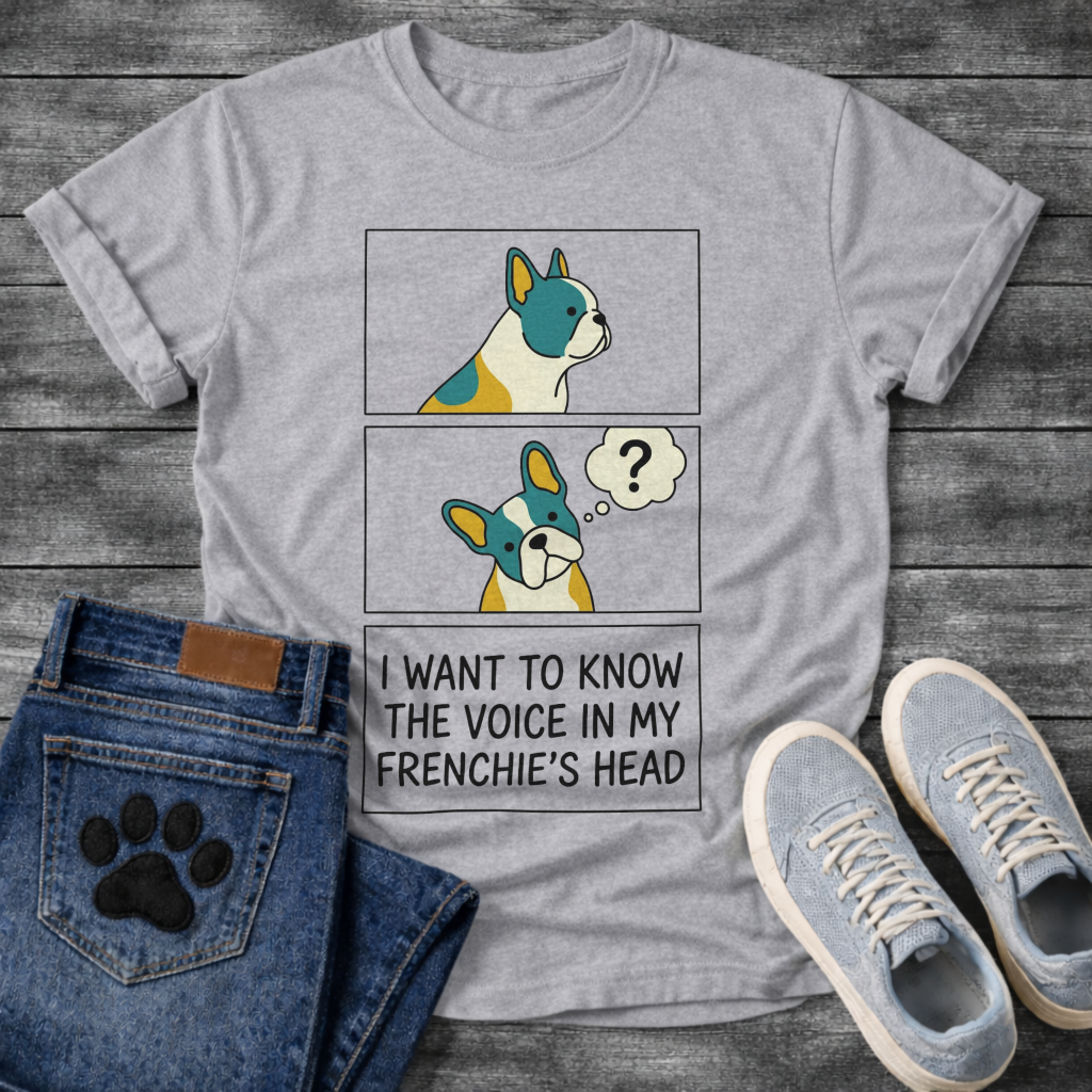 French Bulldog comic strip graphic tee with thought bubble and I Want To Know The Voice In My Frenchie's Head typography