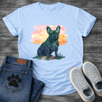 Frenchie watercolor portrait sunset t-shirt sage pink orange French Bulldog pet lover apparel
