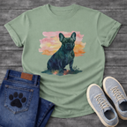 Frenchie watercolor portrait sunset t-shirt sage pink orange French Bulldog pet lover apparel

