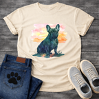 Frenchie watercolor portrait sunset t-shirt sage pink orange French Bulldog pet lover apparel
