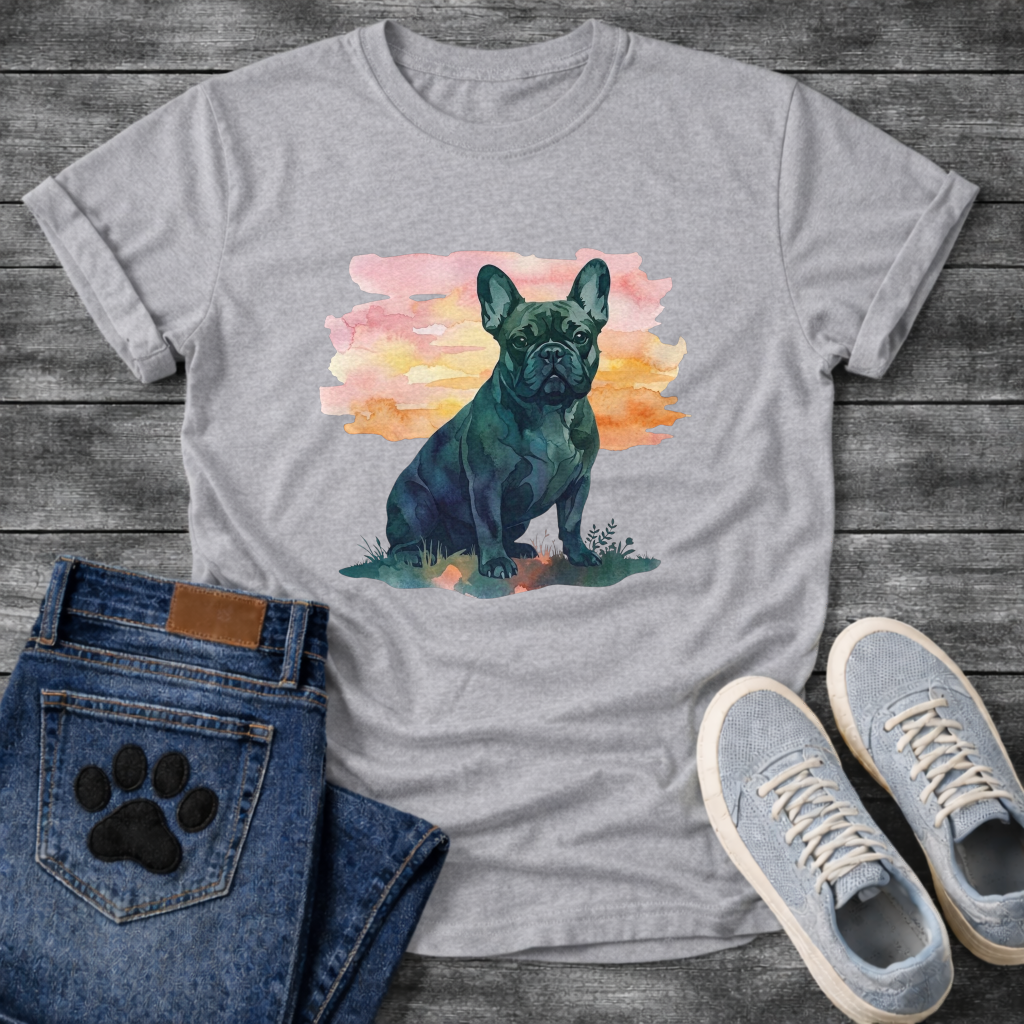 Frenchie watercolor portrait sunset t-shirt sage pink orange French Bulldog pet lover apparel
