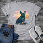 Frenchie watercolor portrait sunset t-shirt sage pink orange French Bulldog pet lover apparel
