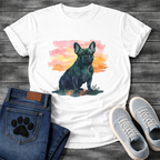 Frenchie watercolor portrait sunset t-shirt sage pink orange French Bulldog pet lover apparel

