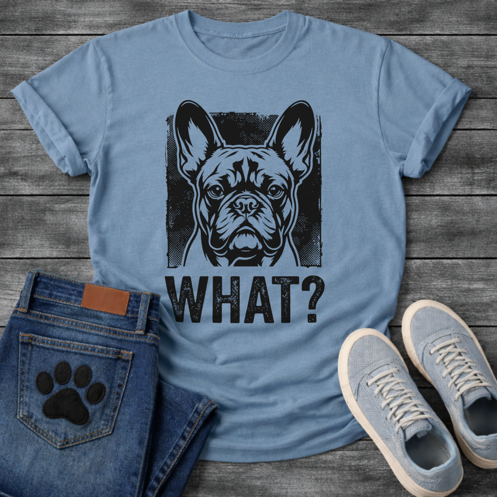 What? bold French Bulldog portrait graphic t-shirt funny dog shirt pet lover apparel