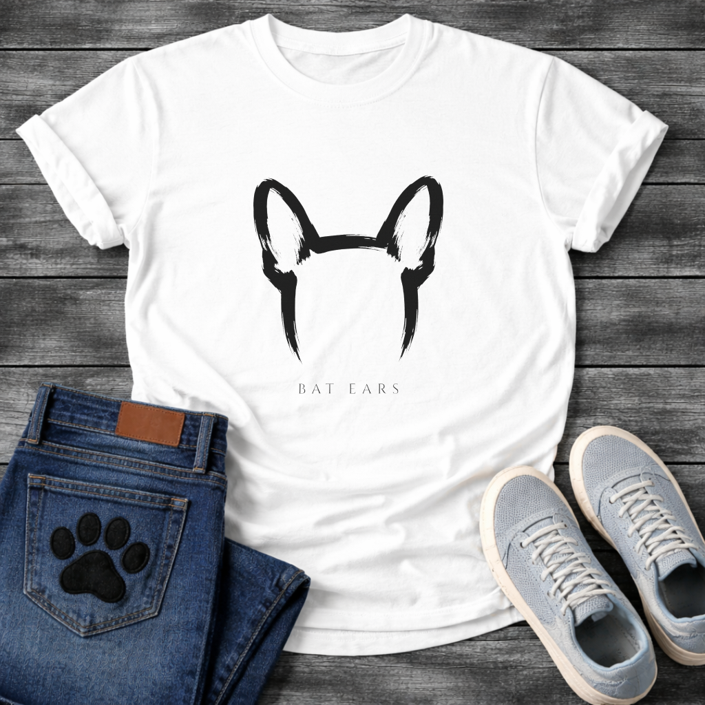 French Bulldog bat ears brush mark t-shirt Sumi-e calligraphic bat ears mark with spaced serif text Frenchie tee