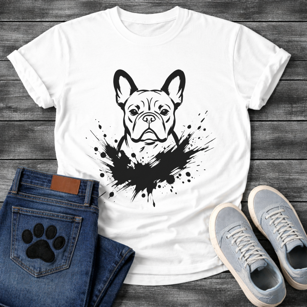 French Bulldog ink splash t-shirt - bold black ink splatter dignified Frenchie portrait emerging from ink explosion tee