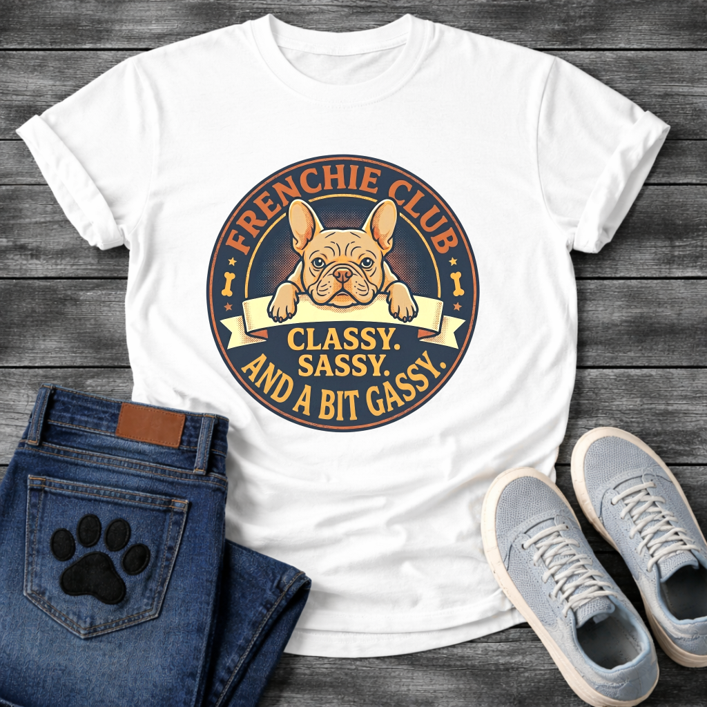 Frenchie Club Classy Sassy Bit Gassy full color fawn badge t-shirt funny French Bulldog shirt