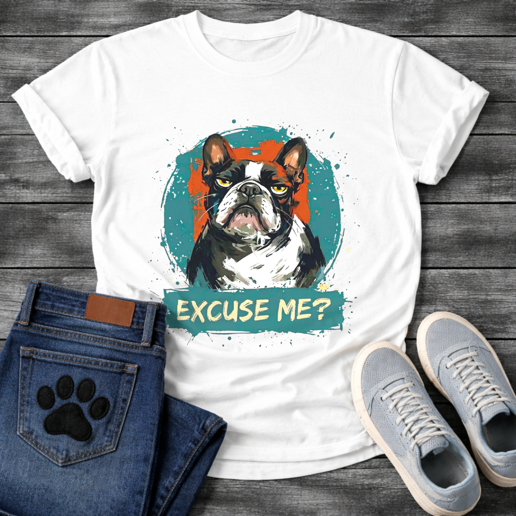Excuse Me bold painterly French Bulldog graphic t-shirt natural teal orange funny dog shirt