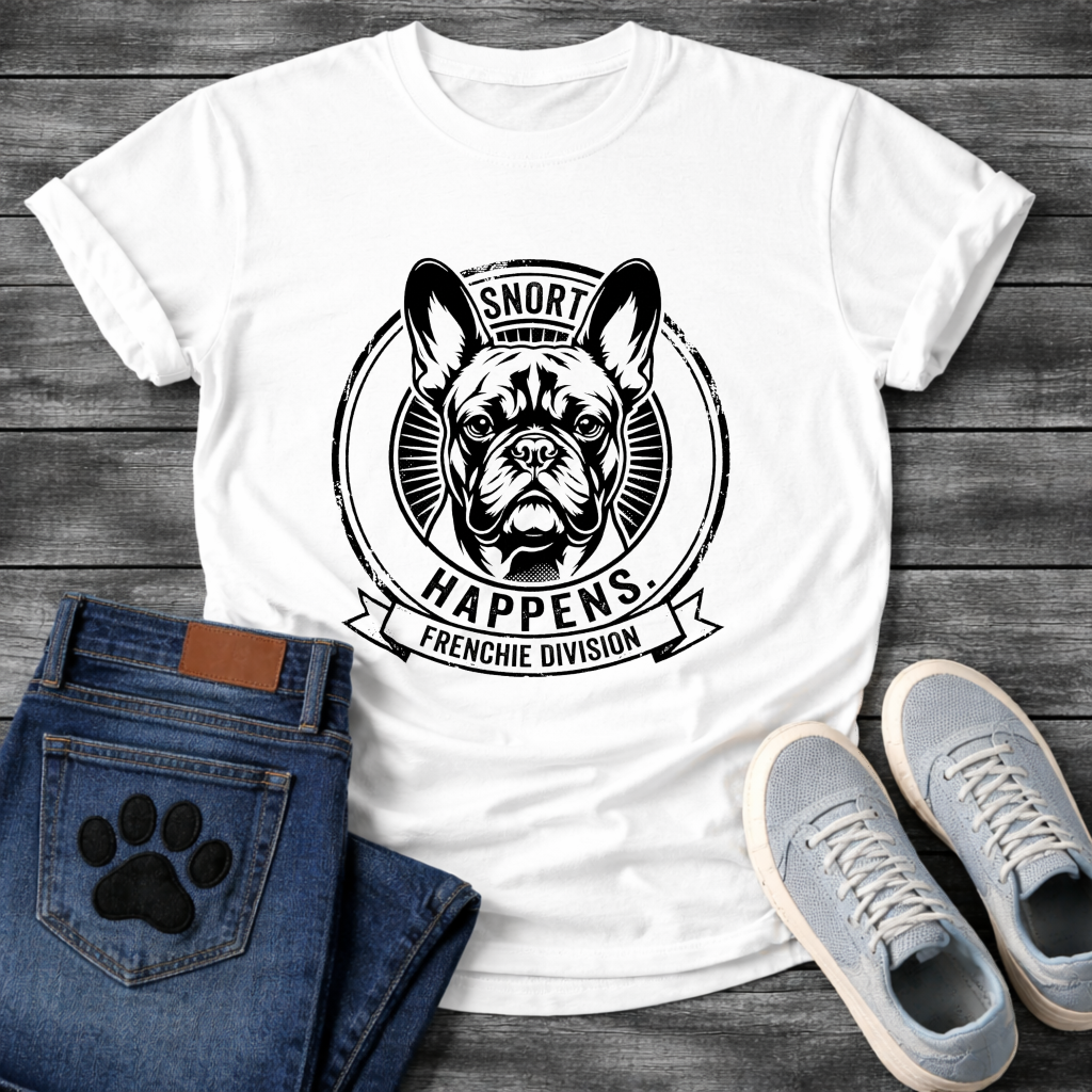 Snort Happens Frenchie Division stamp graphic natural t-shirt funny French Bulldog shirt