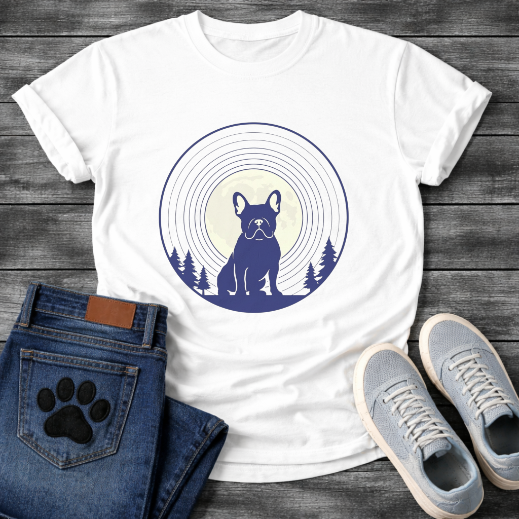French Bulldog silhouette seated in front of a full moon with concentric rings and pine trees, navy and cream circular badge graphic tee