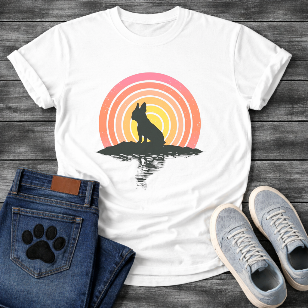 Frenchie silhouette retro concentric sunset reflection t-shirt white pet lover apparel dog lover gift