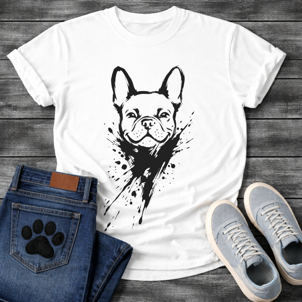 French Bulldog ink splash t-shirt - Sumi-e black ink splatter Frenchie emerging from ink explosion graphic tee