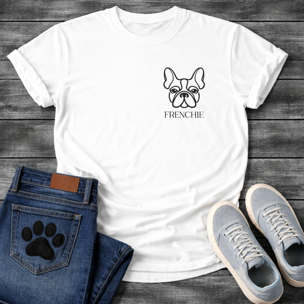 Frenchie face line art pocket t-shirt dark heather French Bulldog pet lover apparel