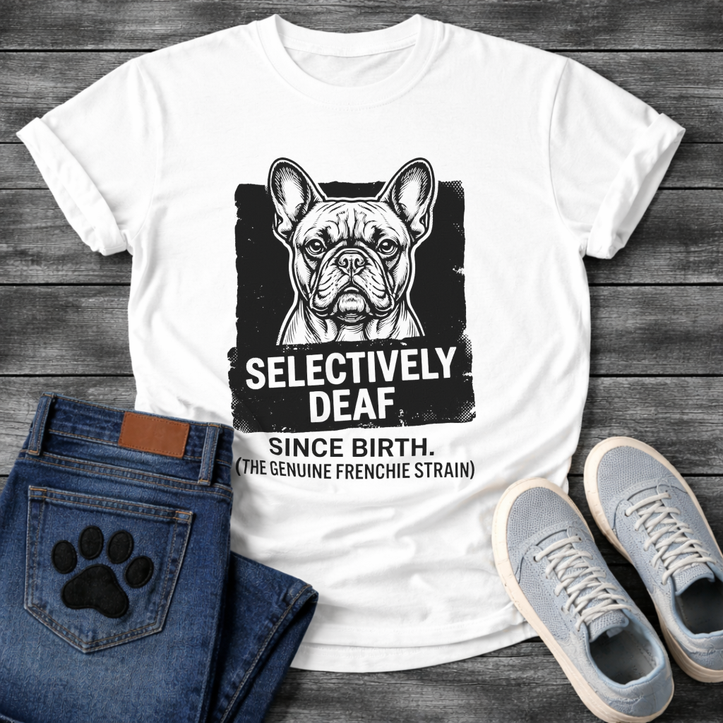 Selectively Deaf Since Birth bold graphic French Bulldog t-shirt funny dog shirt