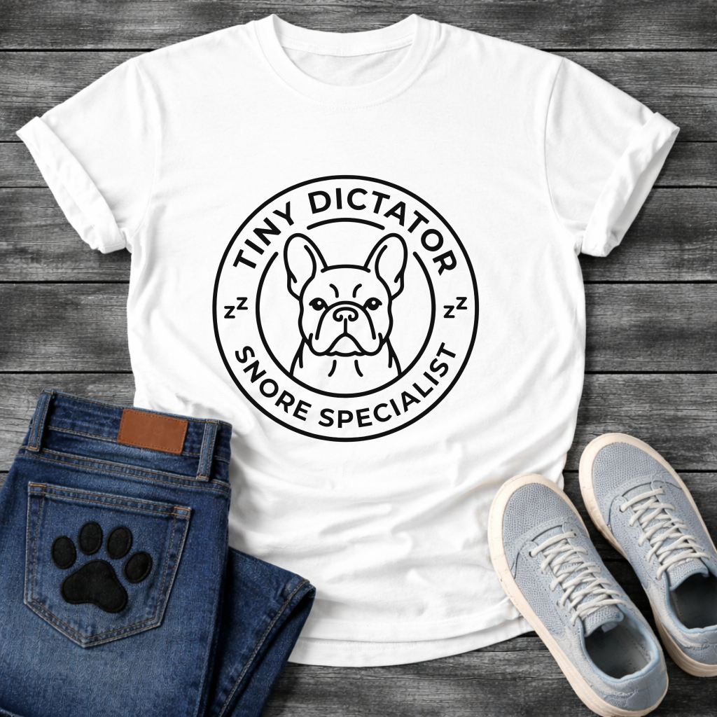Tiny Dictator Snore Specialist French Bulldog circle badge t-shirt white funny dog shirt
