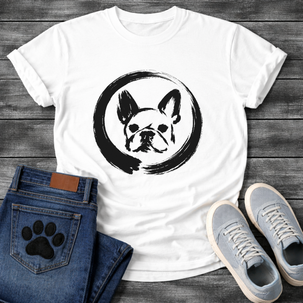 Japanese Sumi-e enso French Bulldog t-shirt - black ink brush art Frenchie portrait in enso circle on natural tee