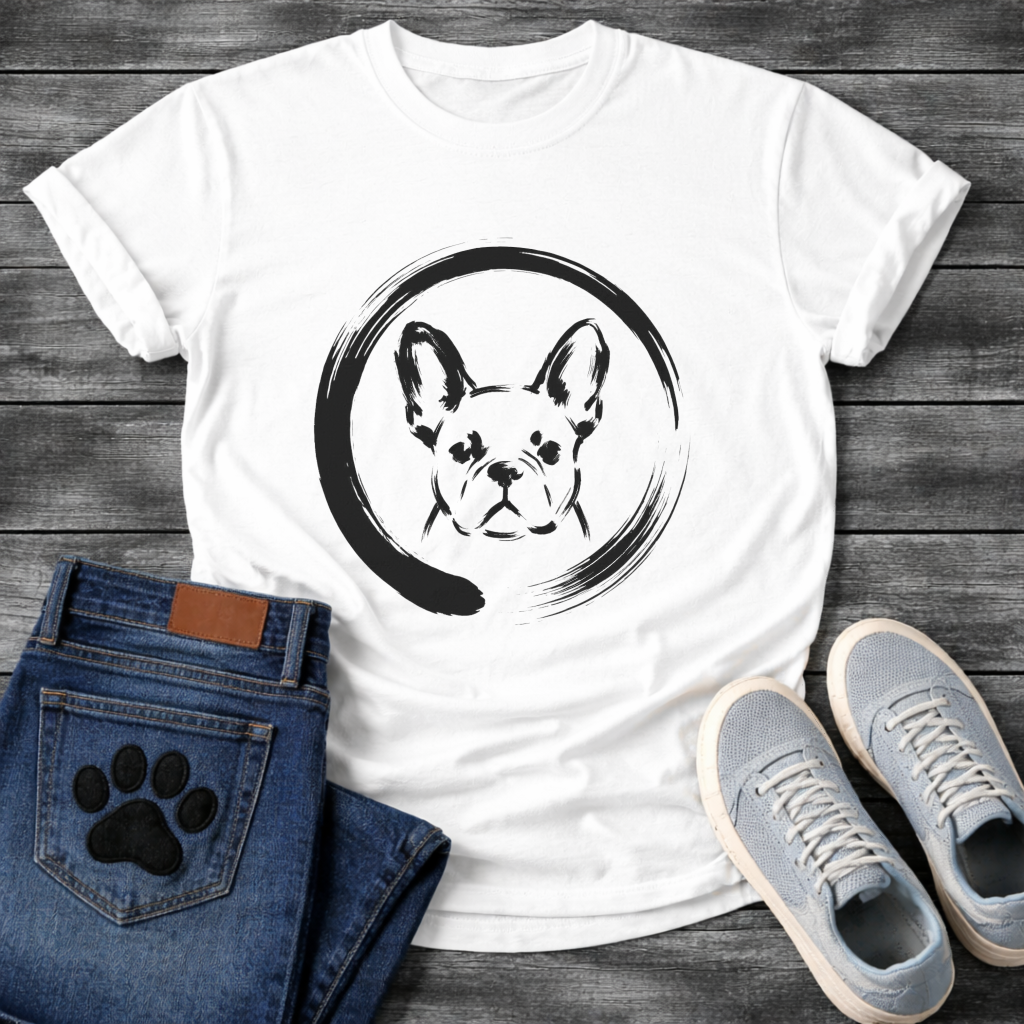 Japanese Sumi-e enso French Bulldog t-shirt - black ink brush art Frenchie portrait in enso circle on natural tee