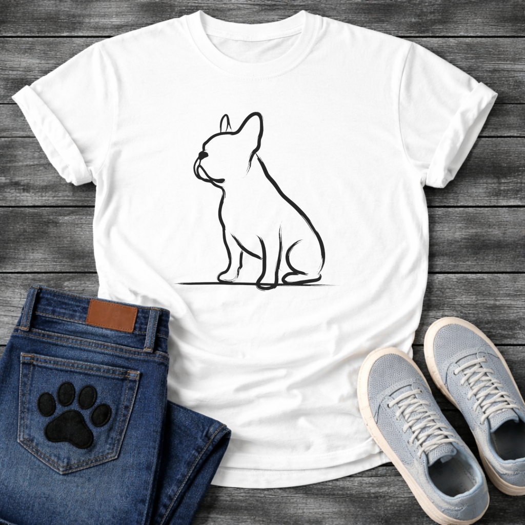 Japanese Sumi-e brush art French Bulldog side profile t-shirt - minimal black ink Frenchie silhouette outline tee