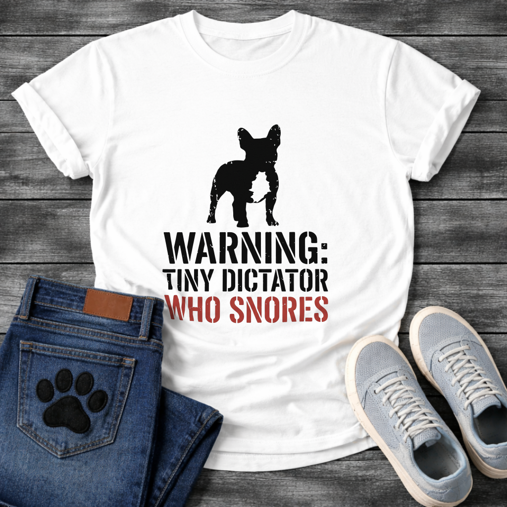 Warning Tiny Dictator Who Snores stencil French Bulldog t-shirt white funny dog shirt
