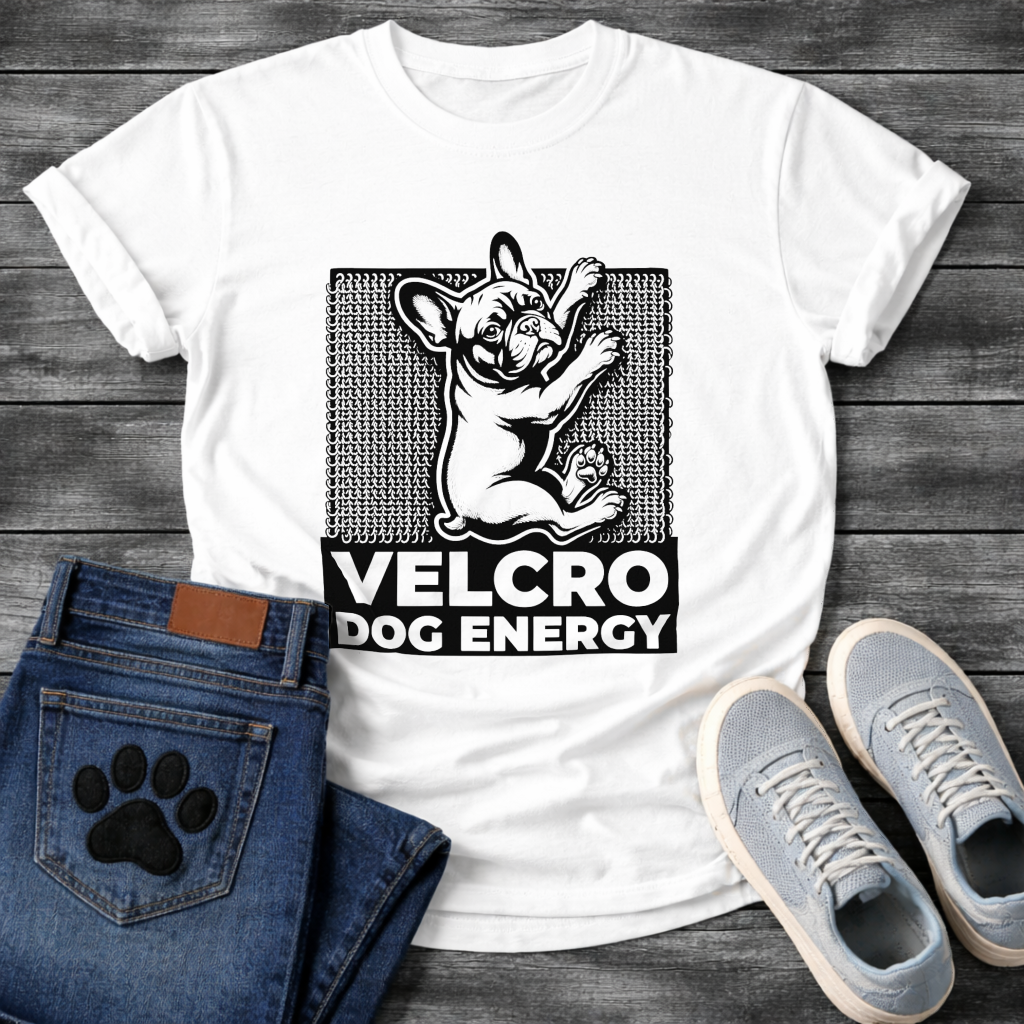 Velcro Dog Energy French Bulldog clinging graphic t-shirt funny dog shirt