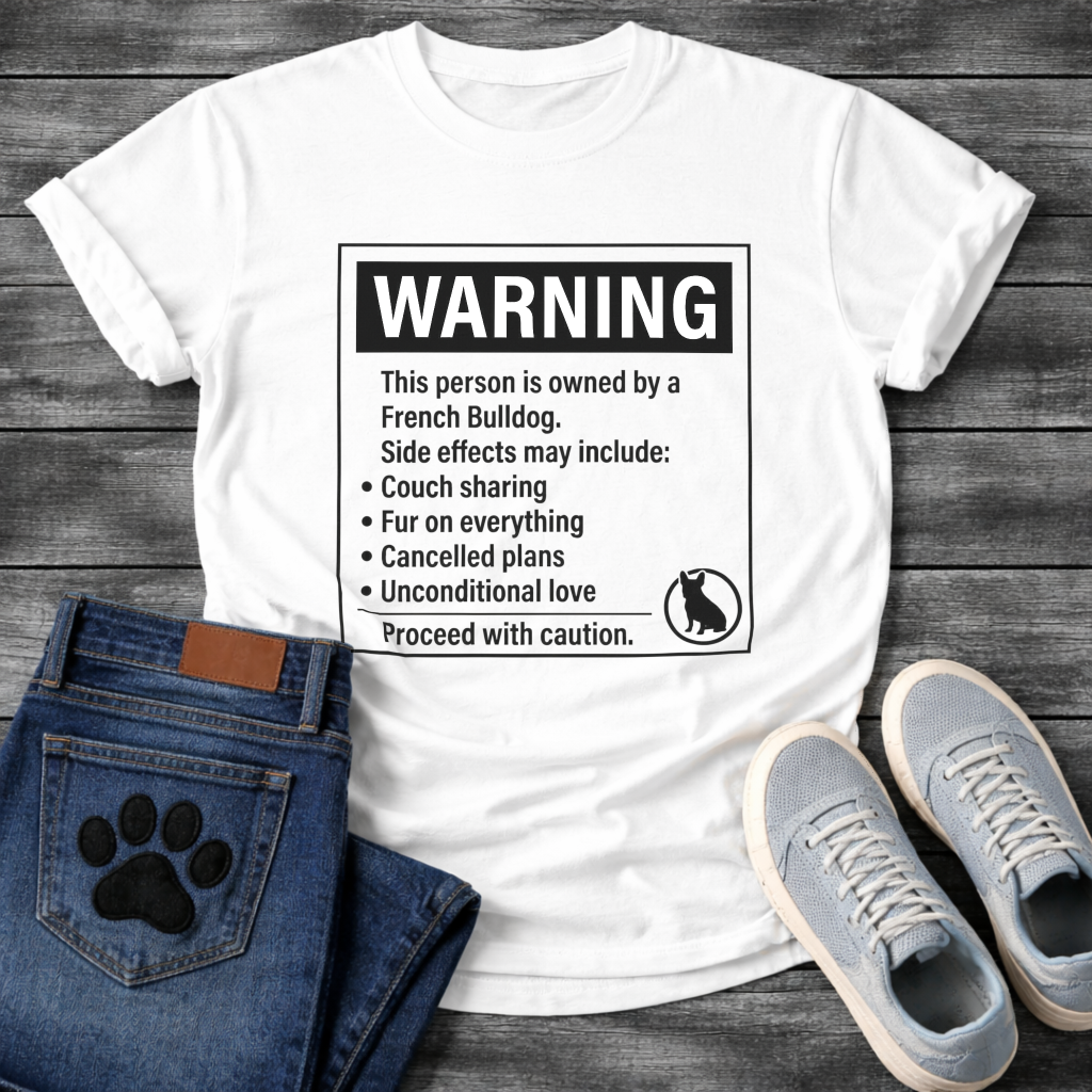 French Bulldog warning label funny t-shirt with Frenchie silhouette