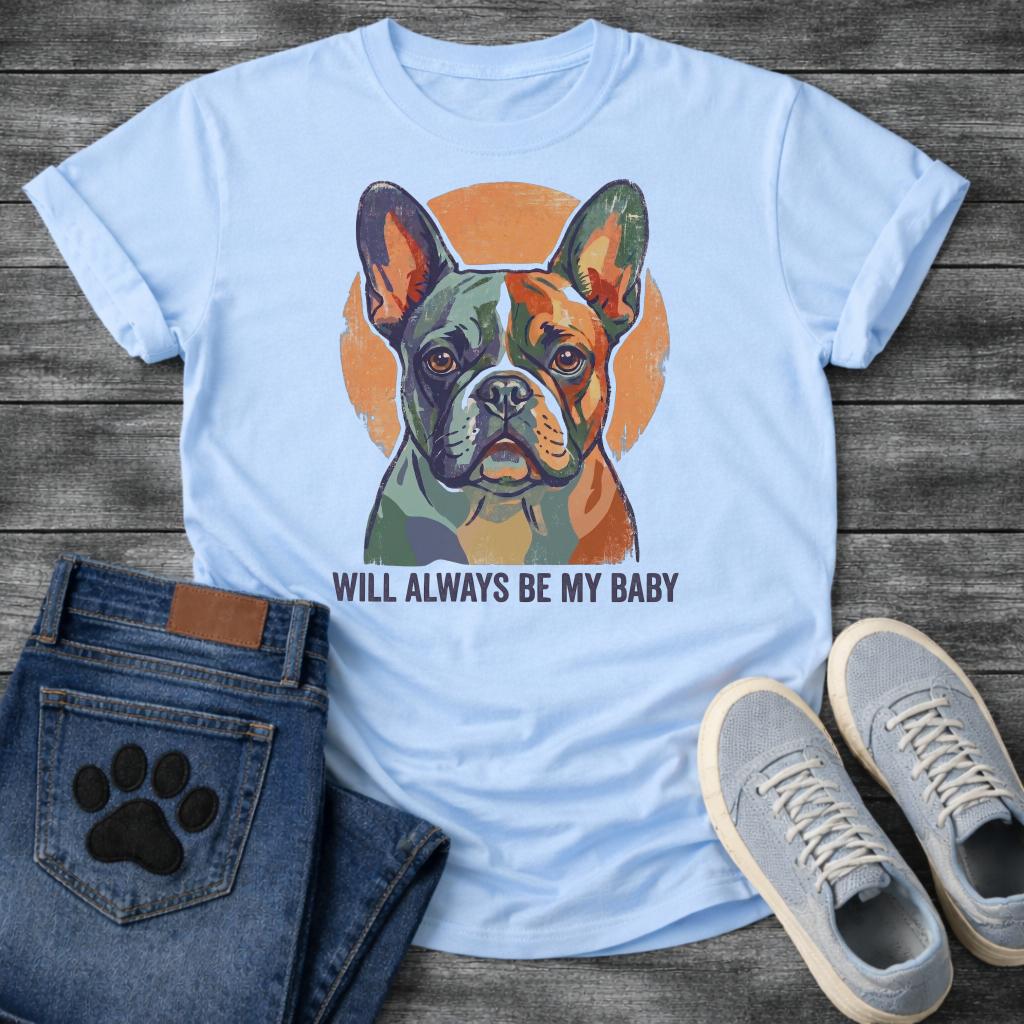 French Bulldog painterly portrait with Will Always Be My Baby typography graphic tee