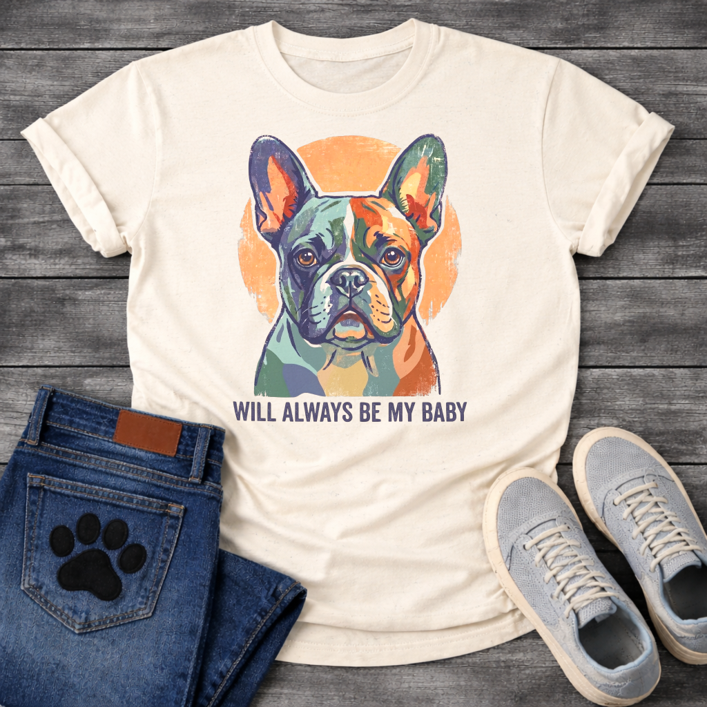 French Bulldog painterly portrait with Will Always Be My Baby typography graphic tee