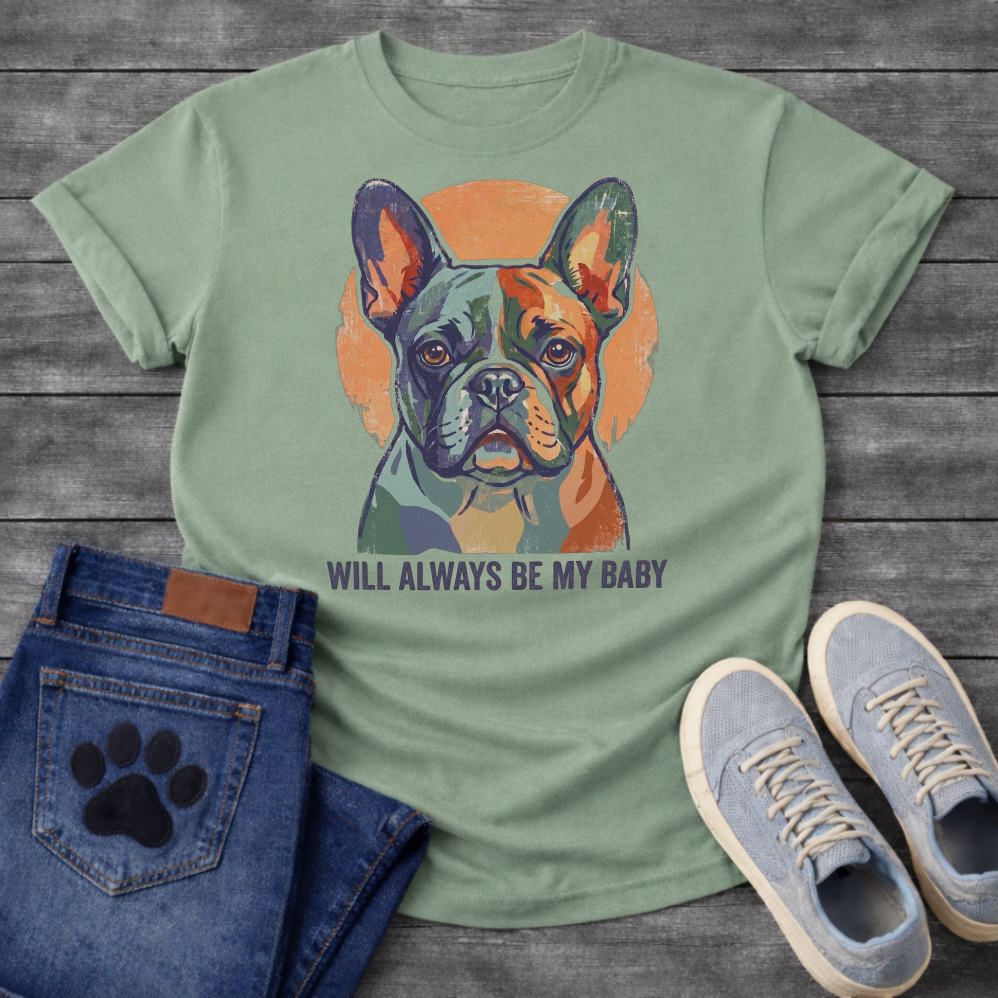 French Bulldog painterly portrait with Will Always Be My Baby typography graphic tee