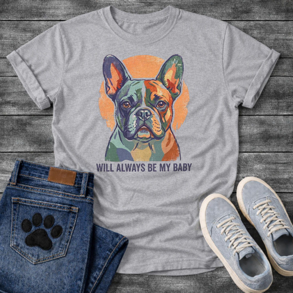 French Bulldog painterly portrait with Will Always Be My Baby typography graphic tee