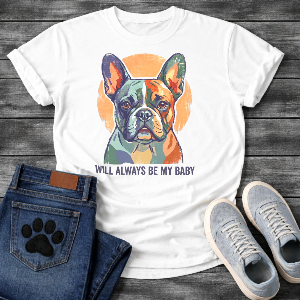 French Bulldog painterly portrait with Will Always Be My Baby typography graphic tee
