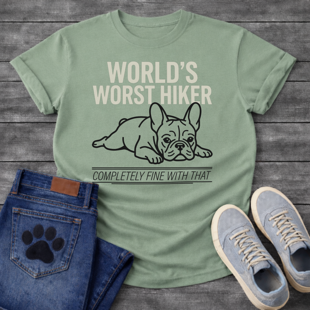 French Bulldog lying flat with World's Worst Hiker Completely Fine With That typography graphic tee