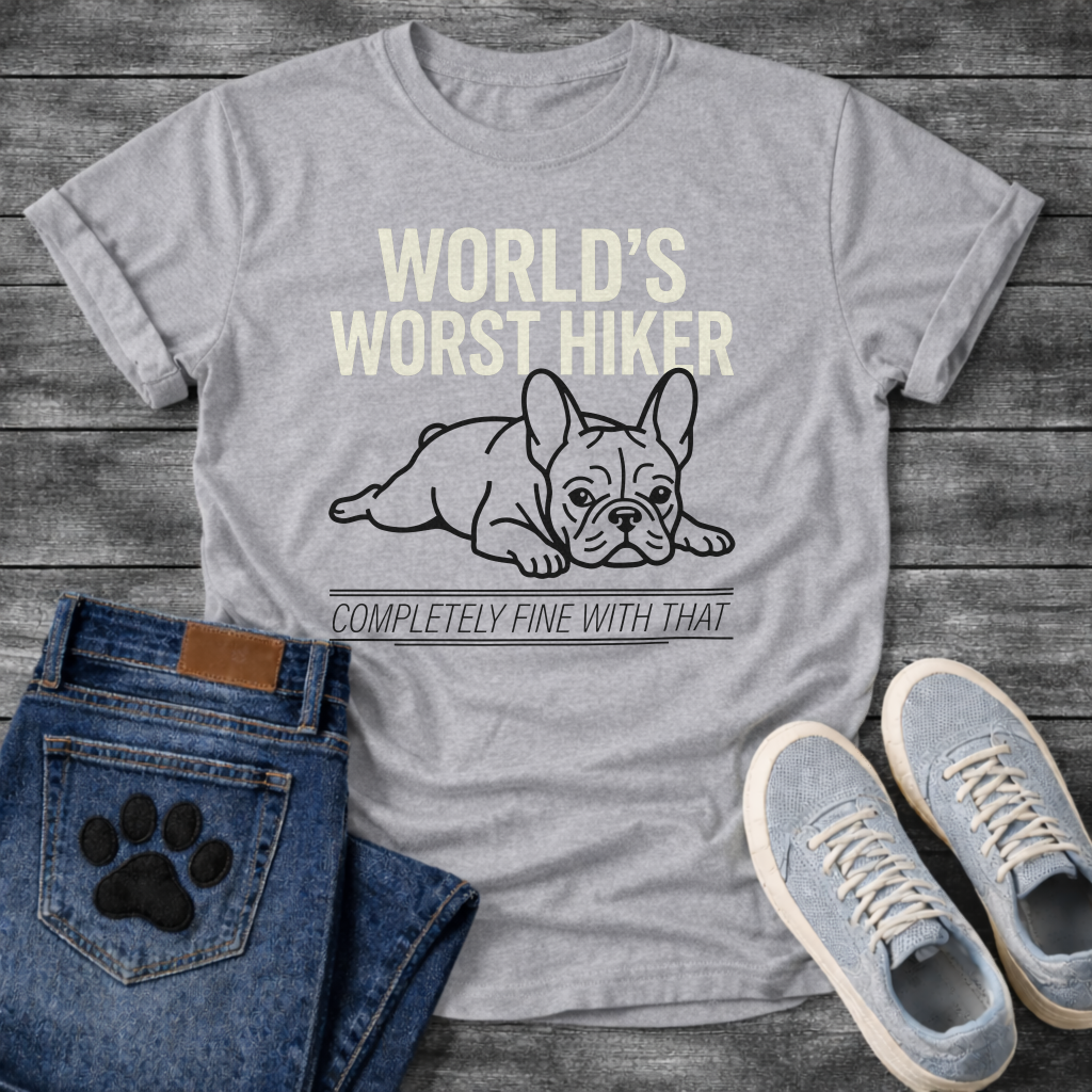 French Bulldog lying flat with World's Worst Hiker Completely Fine With That typography graphic tee