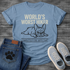 French Bulldog lying flat with World's Worst Hiker Completely Fine With That typography graphic tee
