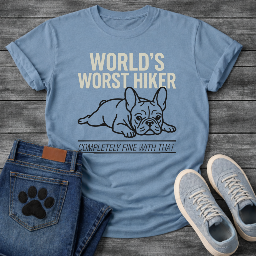 French Bulldog lying flat with World's Worst Hiker Completely Fine With That typography graphic tee