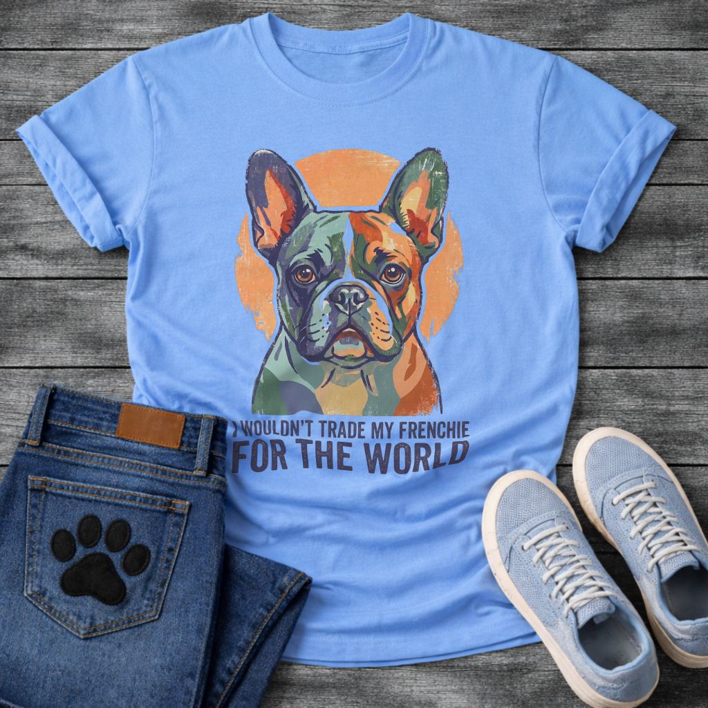 French Bulldog painterly portrait with orange circle background and I Wouldn't Trade My Frenchie For The World typography graphic tee