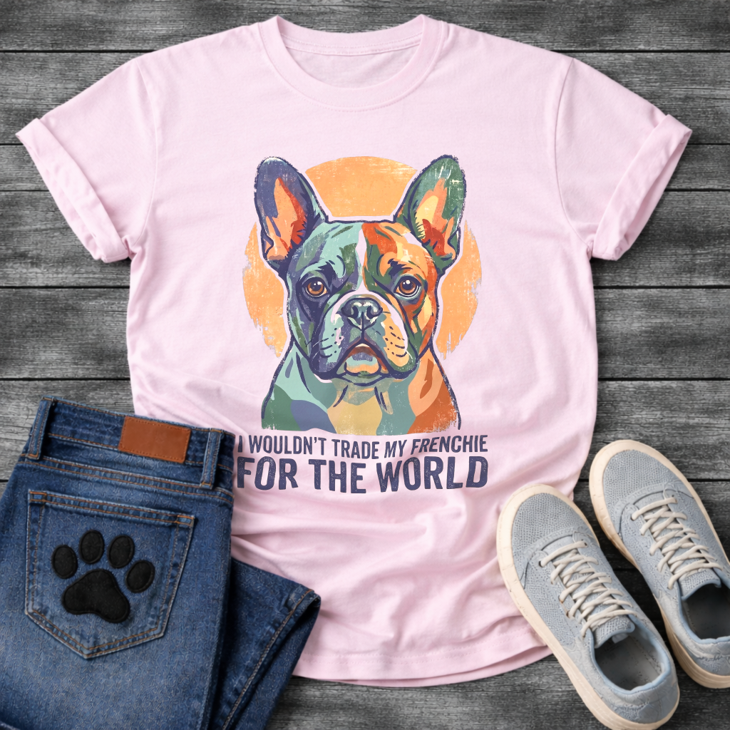 French Bulldog painterly portrait with orange circle background and I Wouldn't Trade My Frenchie For The World typography graphic tee