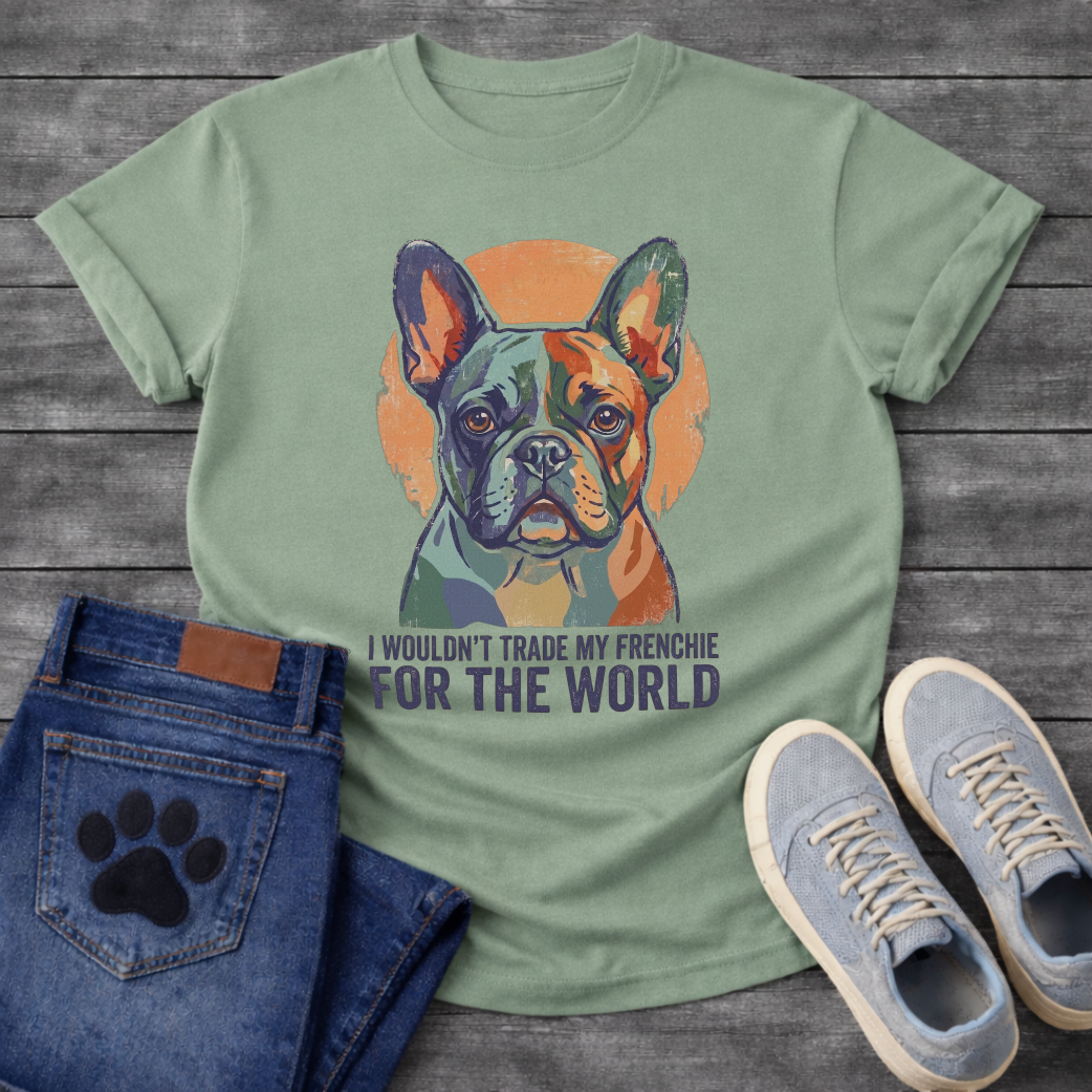 French Bulldog painterly portrait with orange circle background and I Wouldn't Trade My Frenchie For The World typography graphic tee