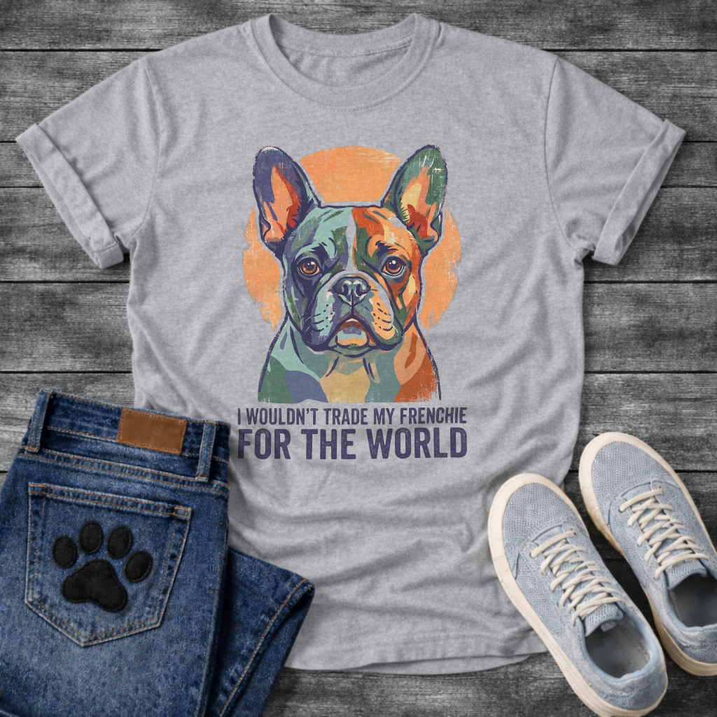 French Bulldog painterly portrait with orange circle background and I Wouldn't Trade My Frenchie For The World typography graphic tee