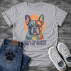 French Bulldog painterly portrait with orange circle background and I Wouldn't Trade My Frenchie For The World typography graphic tee