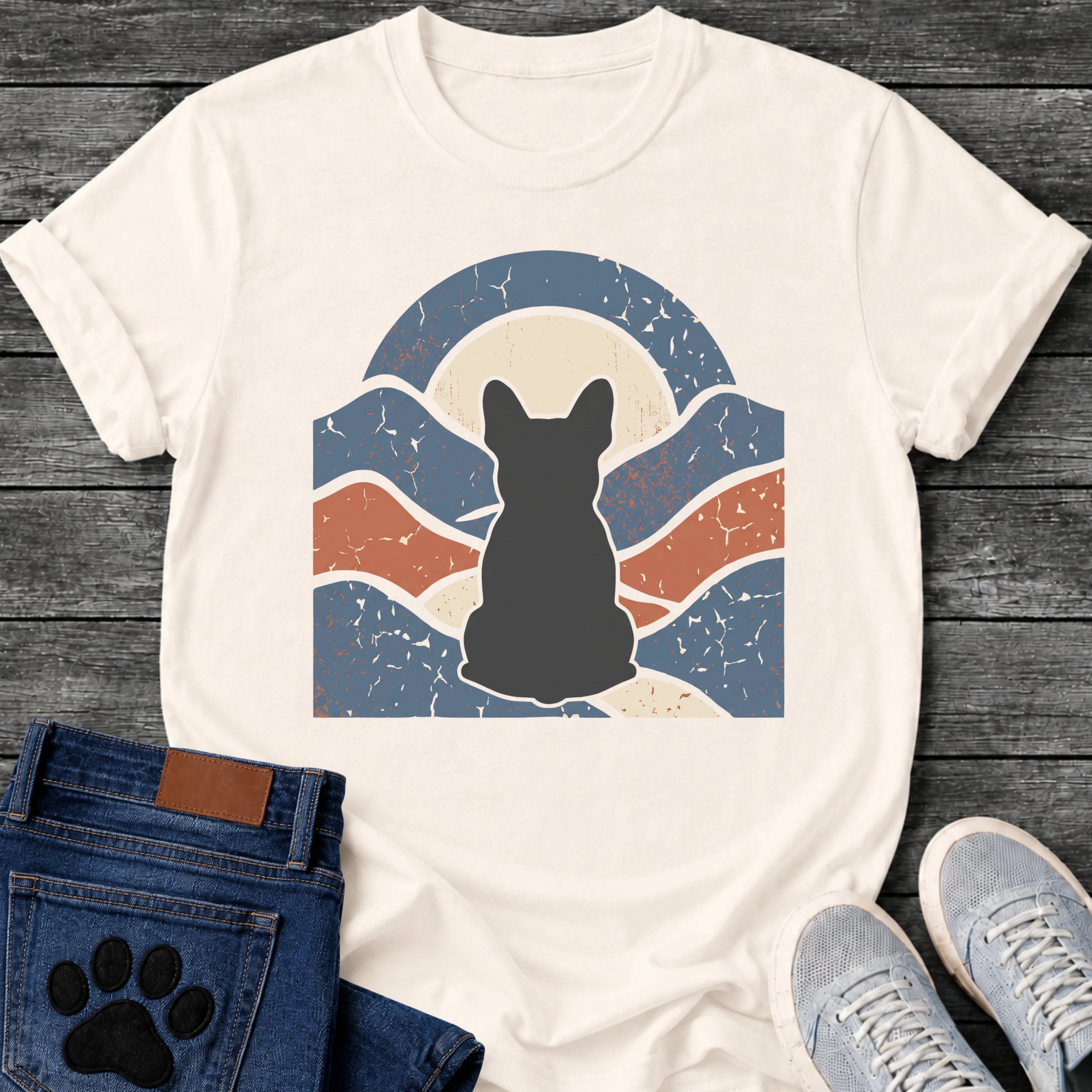 French Bulldog t-shirt with Frenchie silhouette seen from behind centered in a wavy layered landscape of slate blue and terracotta, cream moon rising behind the head, arched frame above, heavy crackle distressed texture throughout, no text earthy art graphic