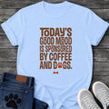 Todays Good Mood Is Sponsored By Coffee And Dogs t shirt design in brown block lettering with an orange paw print and dog bone icon