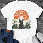 French Bulldog t-shirt with Frenchie silhouette seen from behind sitting in dark green botanical cattails and grass, cream circle moon rising behind the head, bold concentric terracotta arch above, distressed torn edge ground texture, no text boho art graphic
