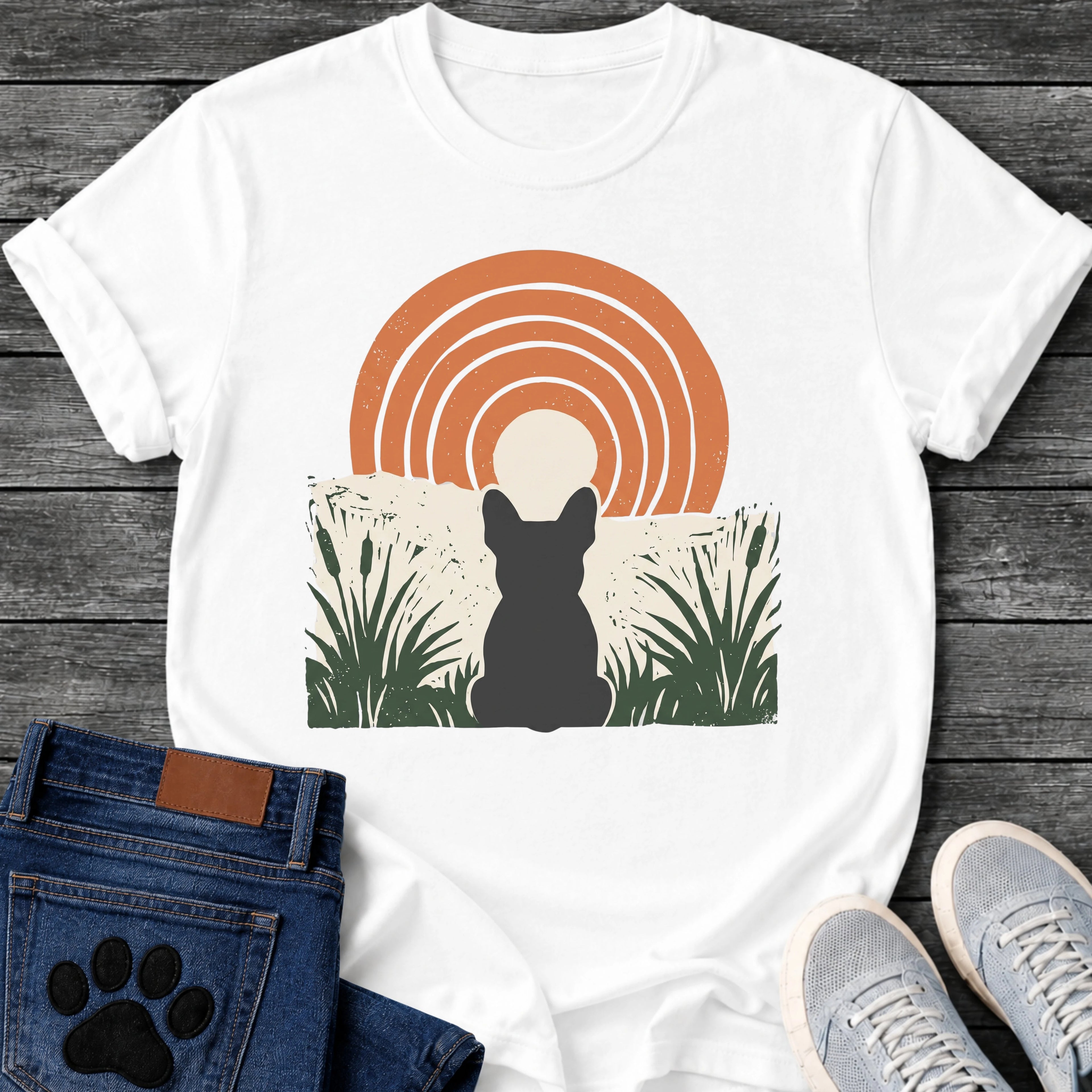 French Bulldog t-shirt with Frenchie silhouette seen from behind sitting in dark green botanical cattails and grass, cream circle moon rising behind the head, bold concentric terracotta arch above, distressed torn edge ground texture, no text boho art graphic
