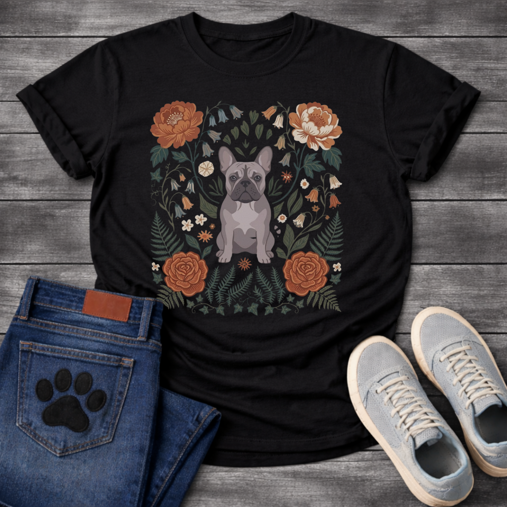 Blue French Bulldog floral folk art botanical graphic dog mom shirt tee