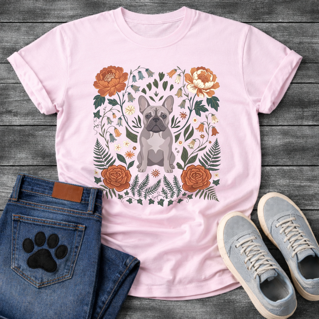Blue French Bulldog floral folk art botanical graphic dog mom shirt tee