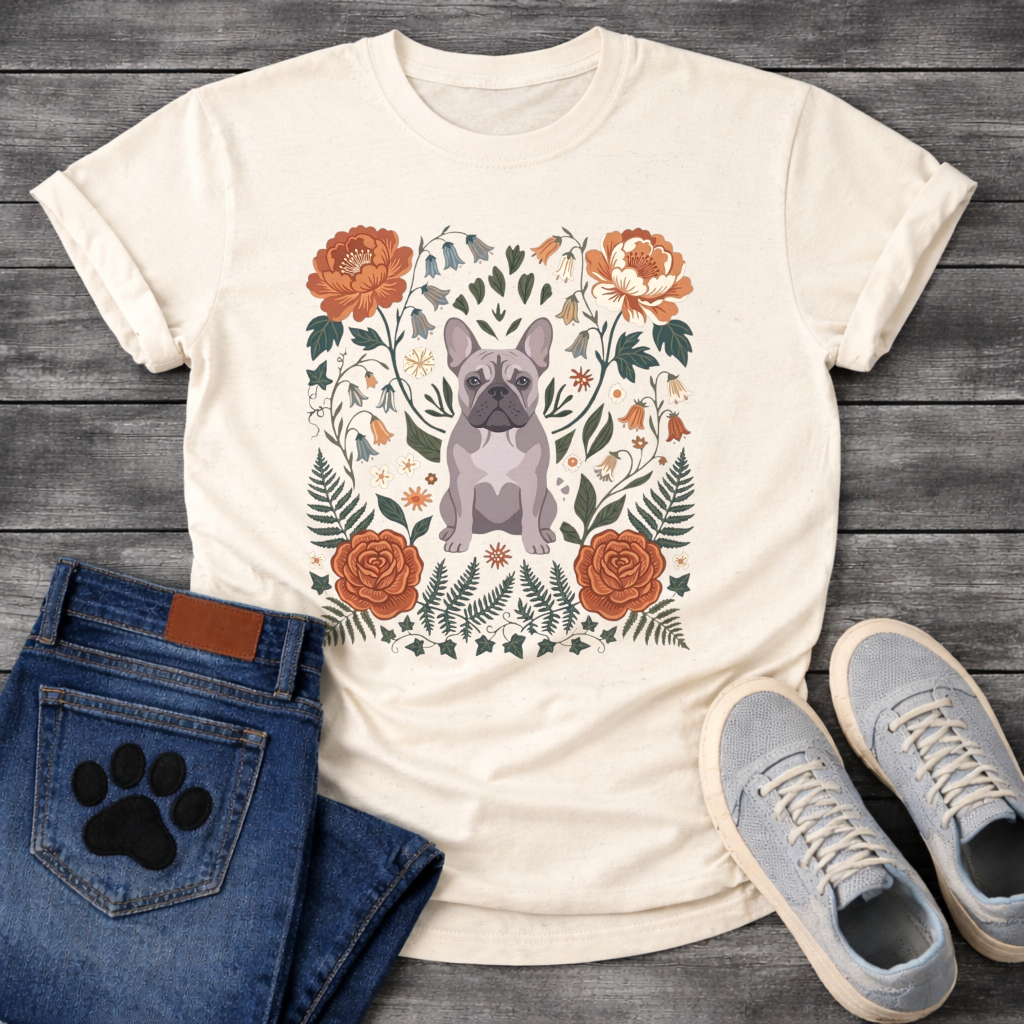 Blue French Bulldog floral folk art botanical graphic dog mom shirt tee