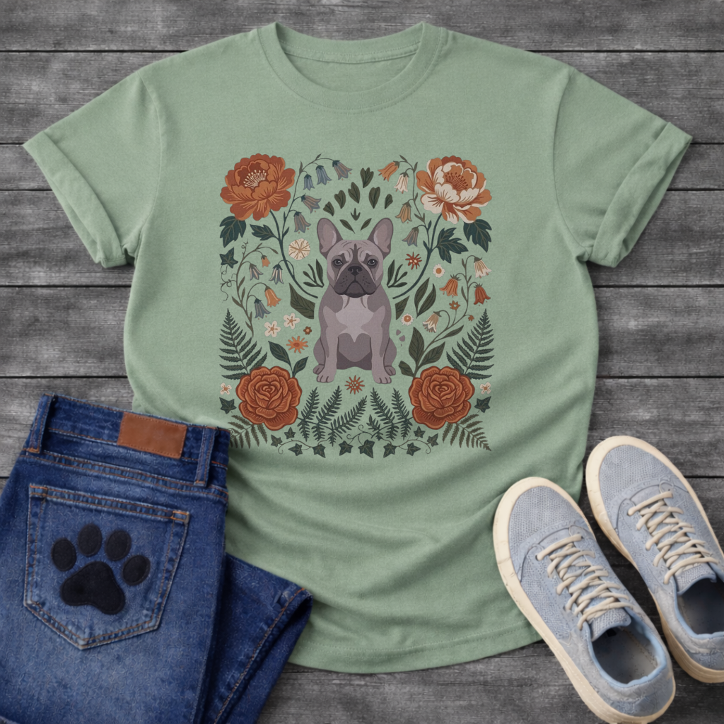 Blue French Bulldog floral folk art botanical graphic dog mom shirt tee