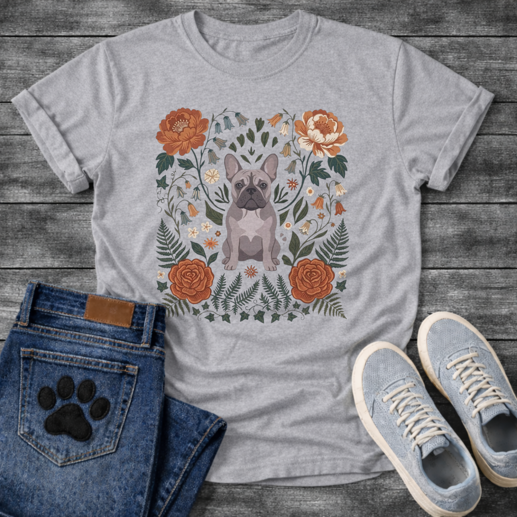 Blue French Bulldog floral folk art botanical graphic dog mom shirt tee
