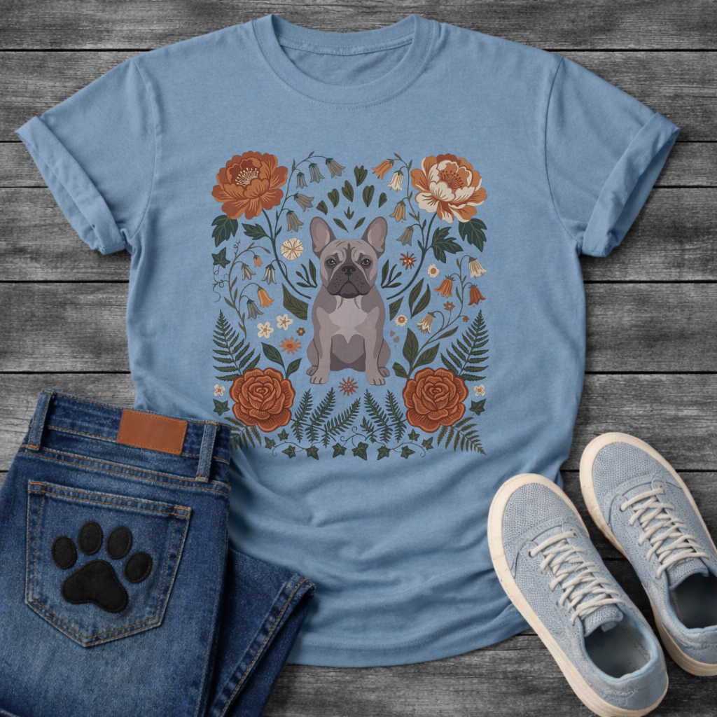 Blue French Bulldog floral folk art botanical graphic dog mom shirt tee