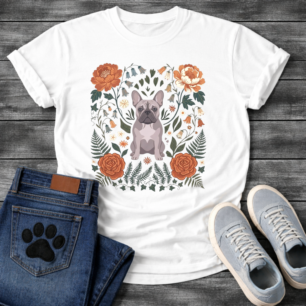 Blue French Bulldog floral folk art botanical graphic dog mom shirt tee